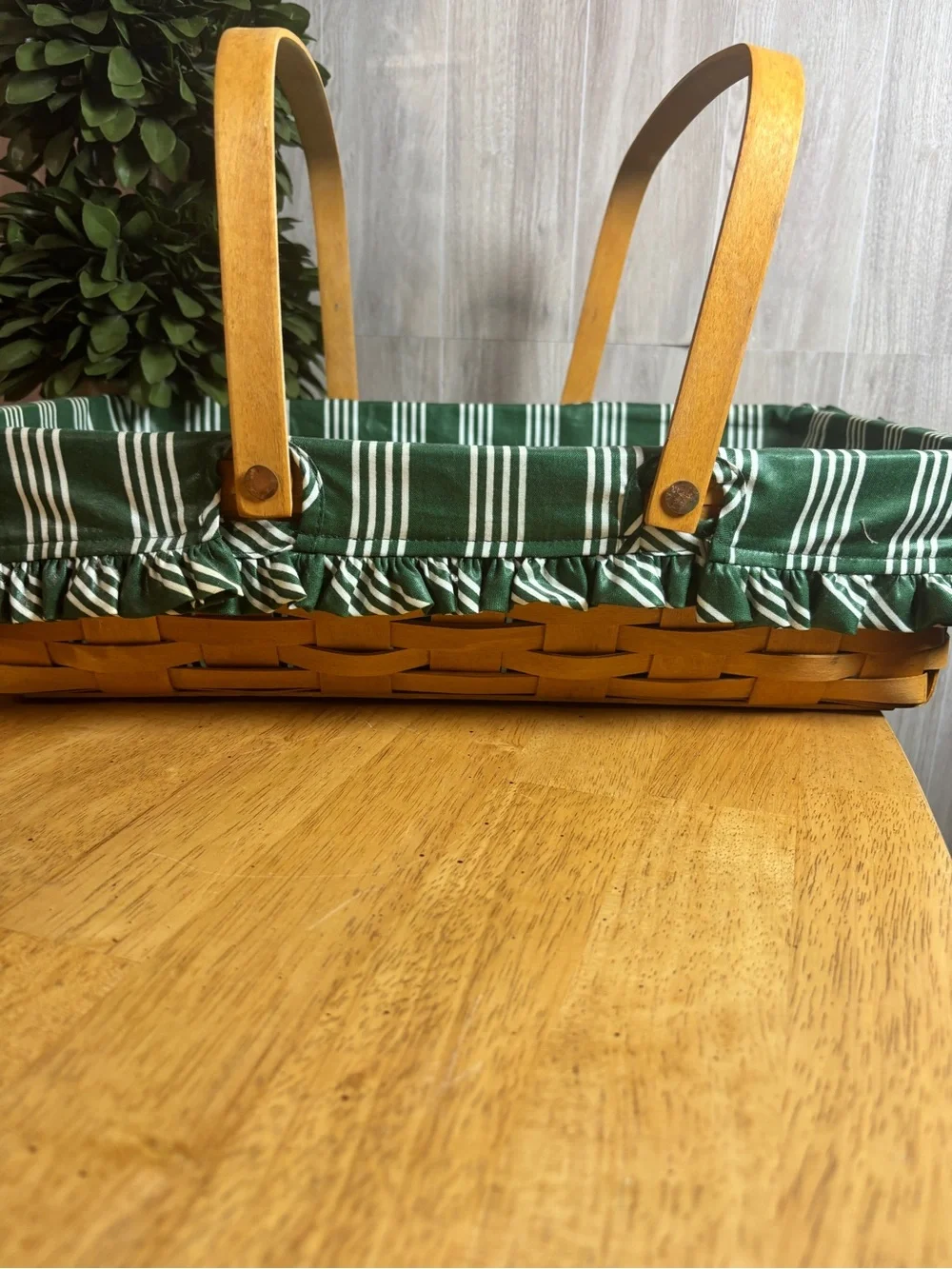 Vintage 1978 Longaberger Handwoven Basket with Original Green Striped Liner
